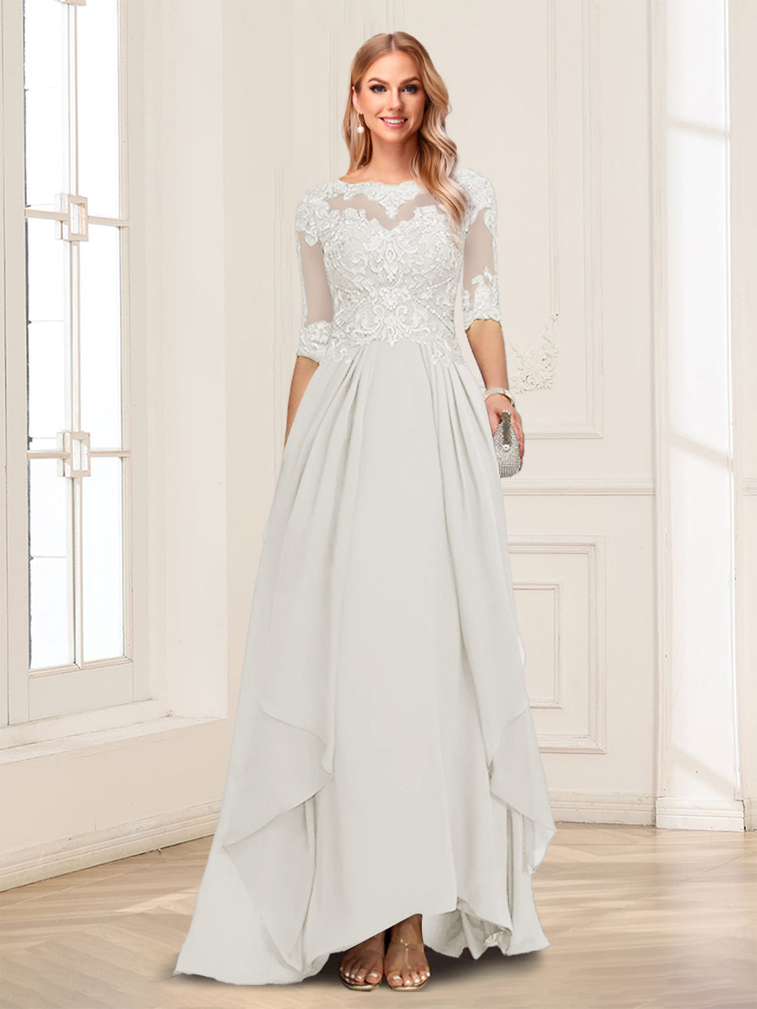 A-Line/Princess Scoop Half Sleeves Floor-Length Mother of the Bride Dresses with Lace