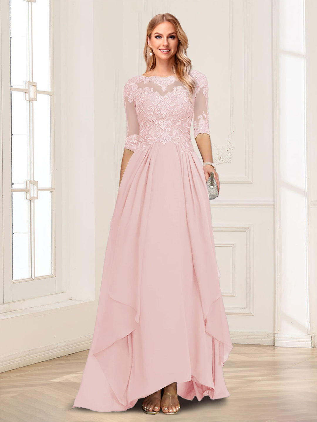 A-Line/Princess Scoop Half Sleeves Floor-Length Mother of the Bride Dresses with Lace