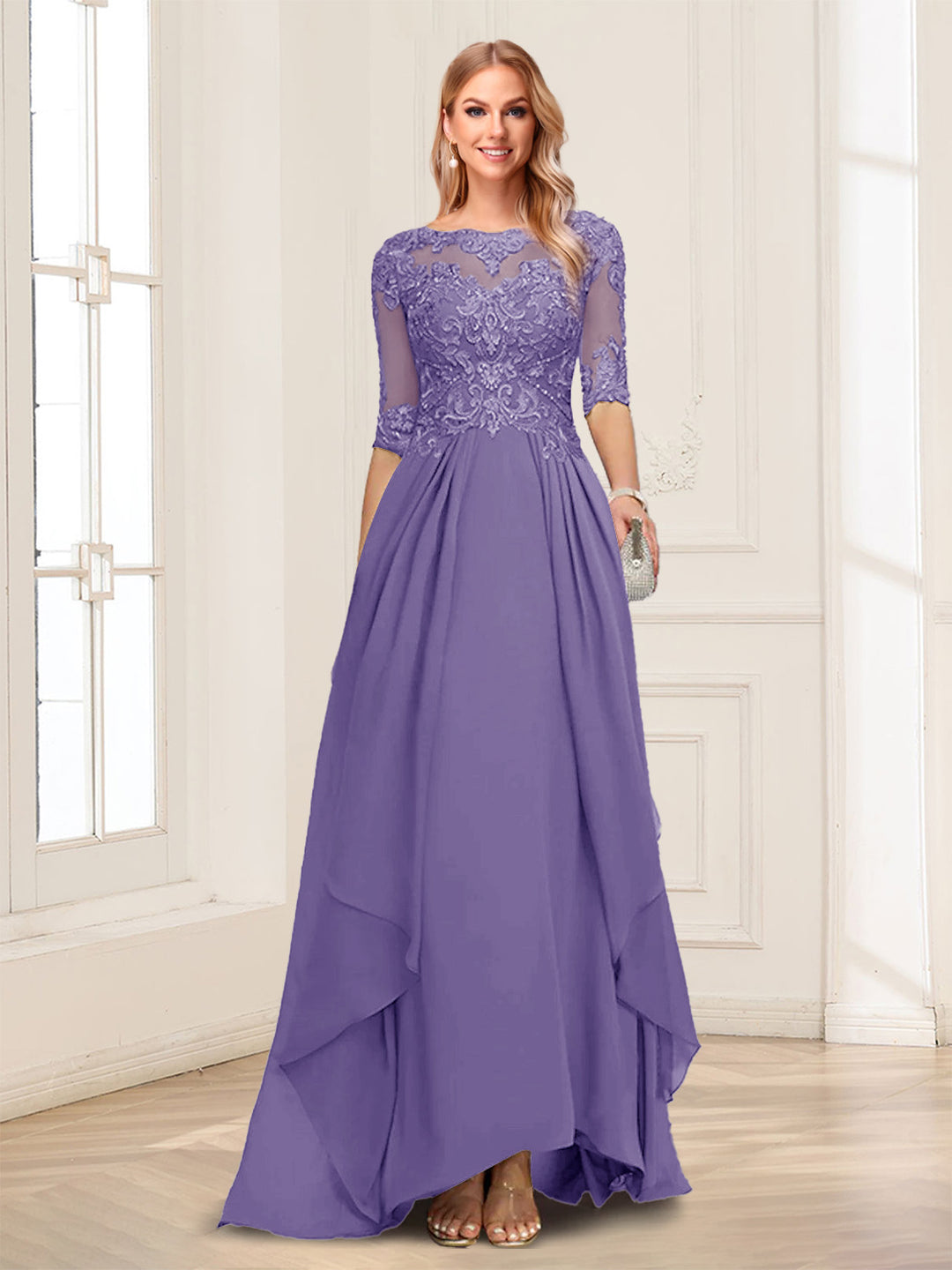 A-Line/Princess Scoop Half Sleeves Floor-Length Mother of the Bride Dresses with Lace