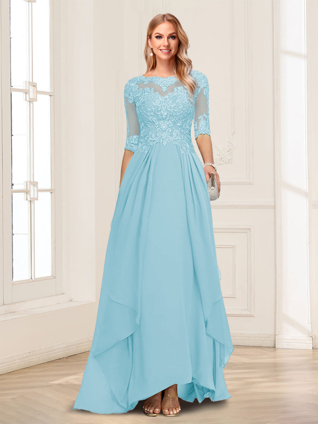 A-Line/Princess Scoop Half Sleeves Floor-Length Mother of the Bride Dresses with Lace