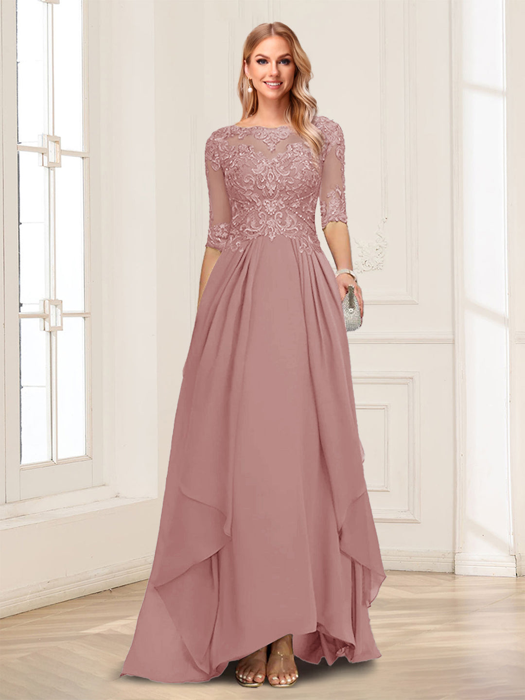 A-Line/Princess Scoop Half Sleeves Floor-Length Mother of the Bride Dresses with Lace