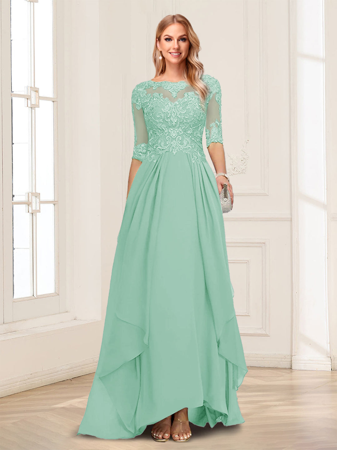 A-Line/Princess Scoop Half Sleeves Floor-Length Mother of the Bride Dresses with Lace