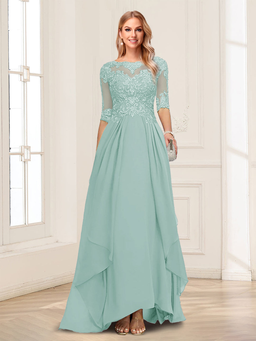 A-Line/Princess Scoop Half Sleeves Floor-Length Mother of the Bride Dresses with Lace