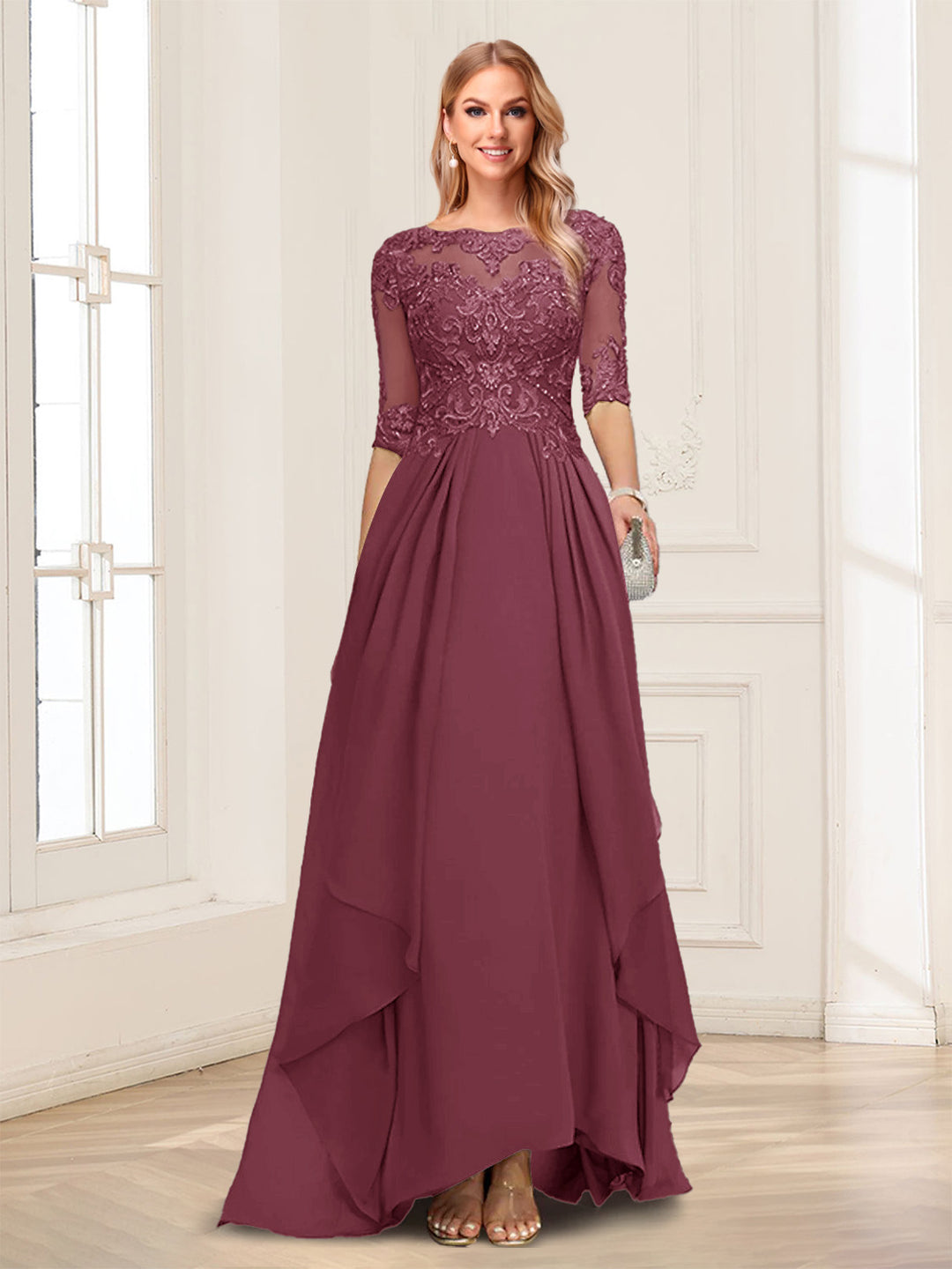 A-Line/Princess Scoop Half Sleeves Floor-Length Mother of the Bride Dresses with Lace