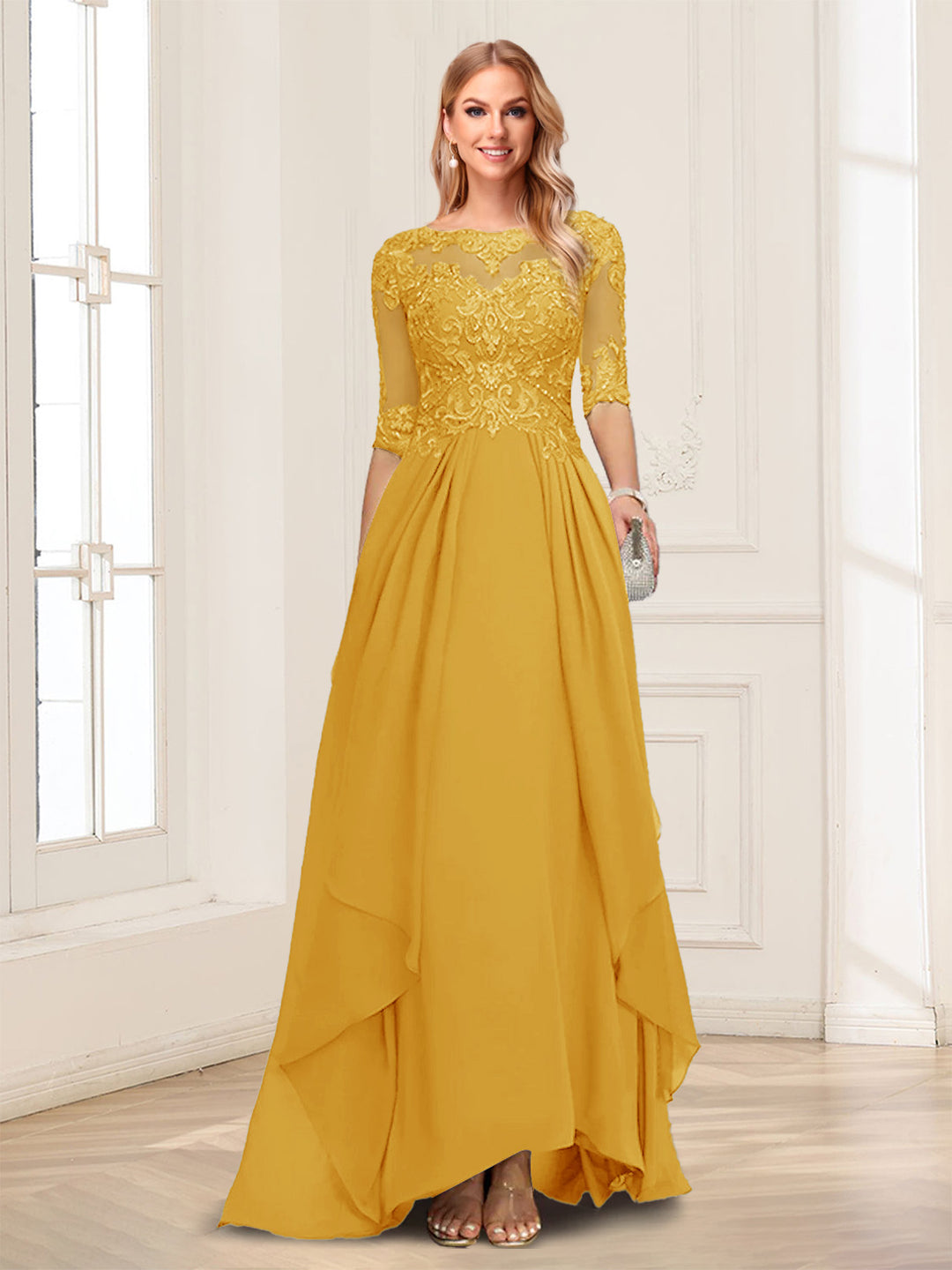 A-Line/Princess Scoop Half Sleeves Floor-Length Mother of the Bride Dresses with Lace