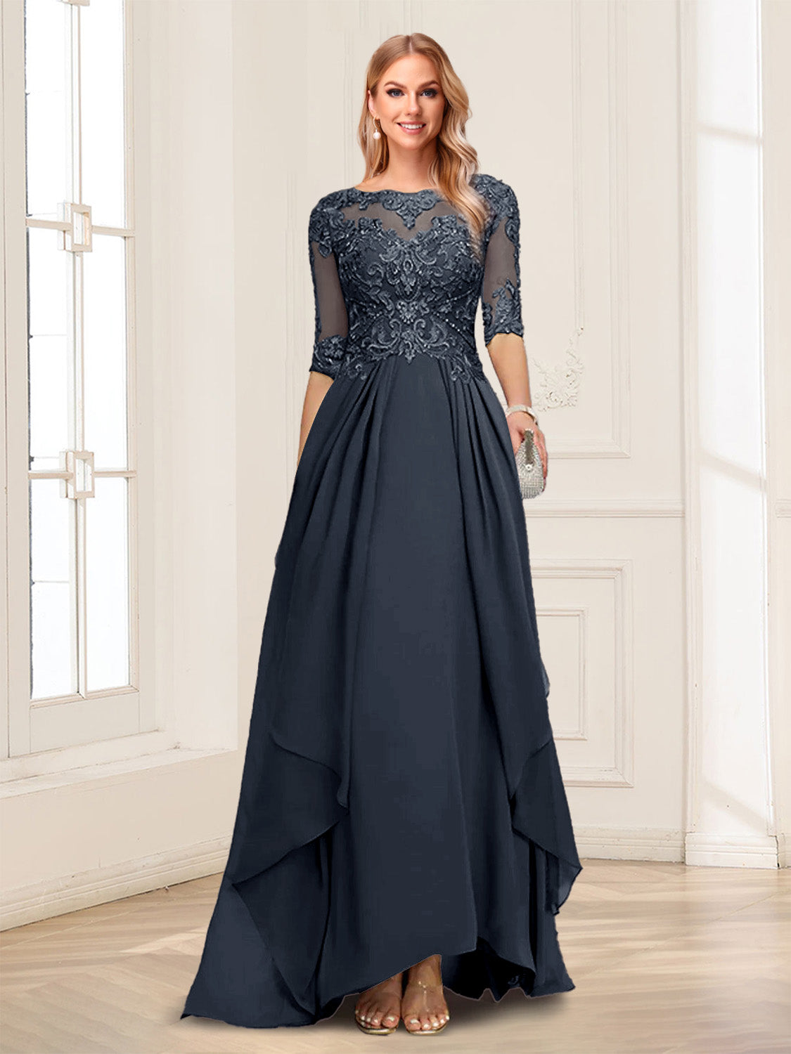 A-Line/Princess Scoop Half Sleeves Floor-Length Mother of the Bride Dresses with Lace