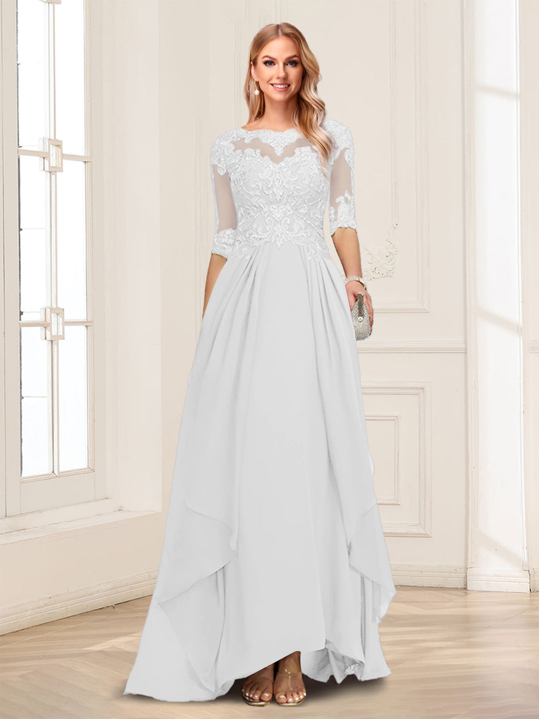 A-Line/Princess Scoop Half Sleeves Floor-Length Mother of the Bride Dresses with Lace