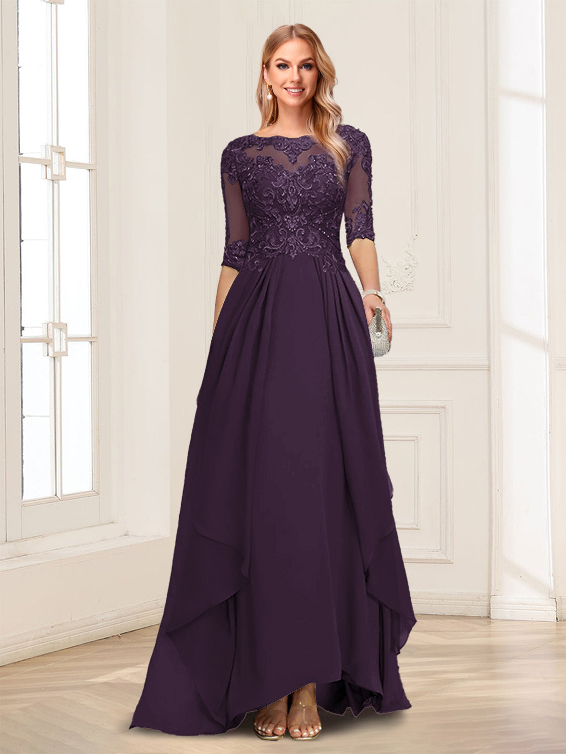 A-Line/Princess Scoop Half Sleeves Floor-Length Mother of the Bride Dresses with Lace