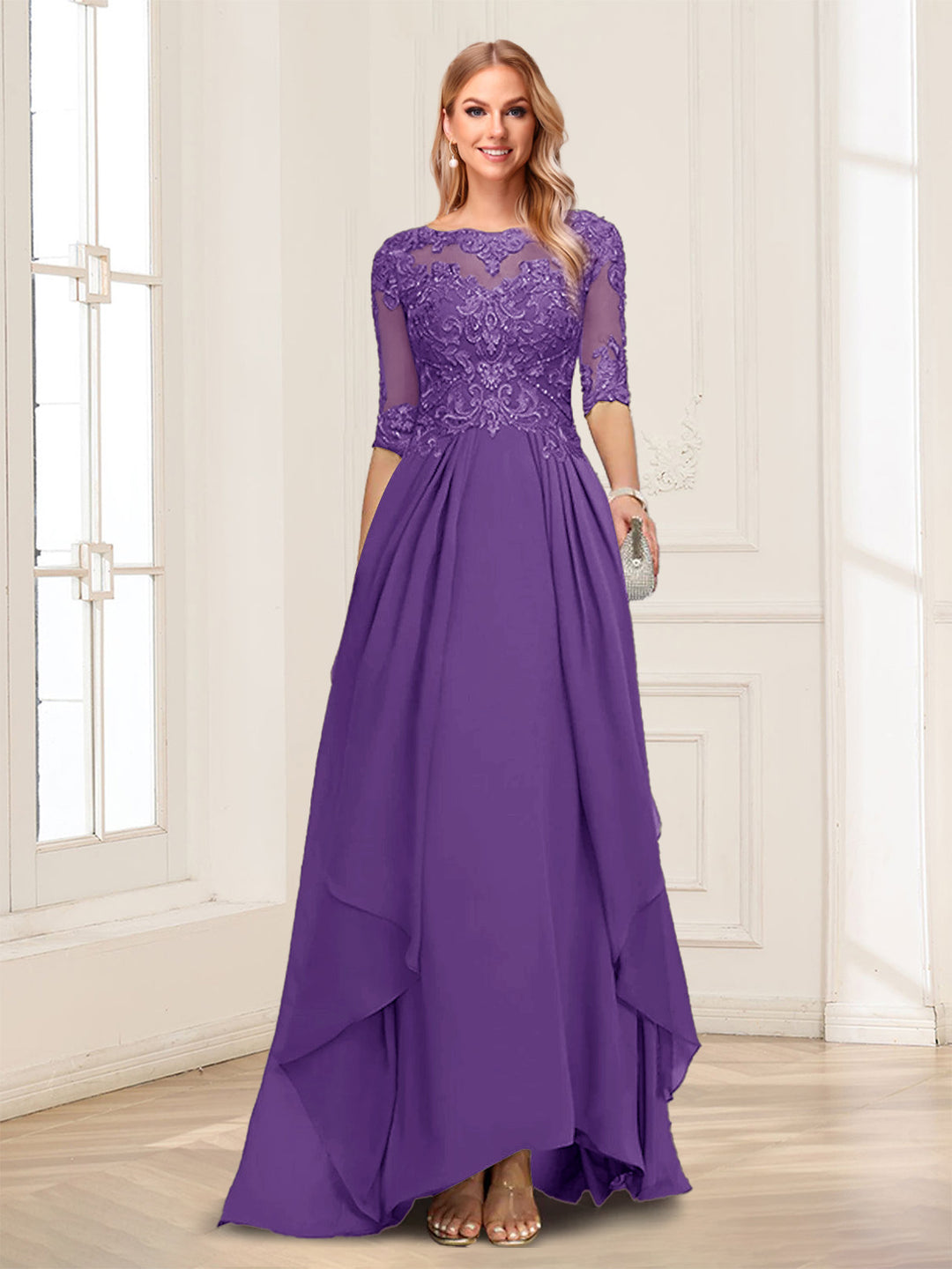 A-Line/Princess Scoop Half Sleeves Floor-Length Mother of the Bride Dresses with Lace