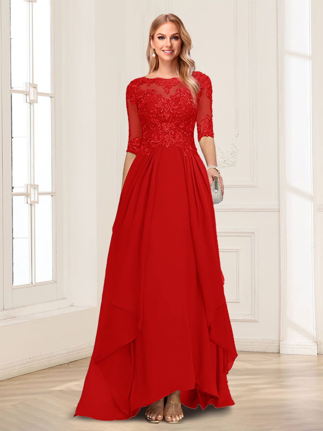 A-Line/Princess Scoop Half Sleeves Floor-Length Mother of the Bride Dresses with Lace