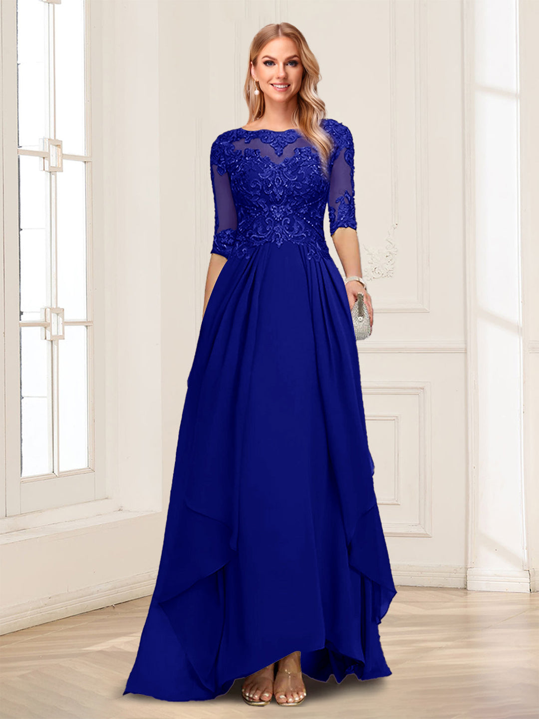 A-Line/Princess Scoop Half Sleeves Floor-Length Mother of the Bride Dresses with Lace