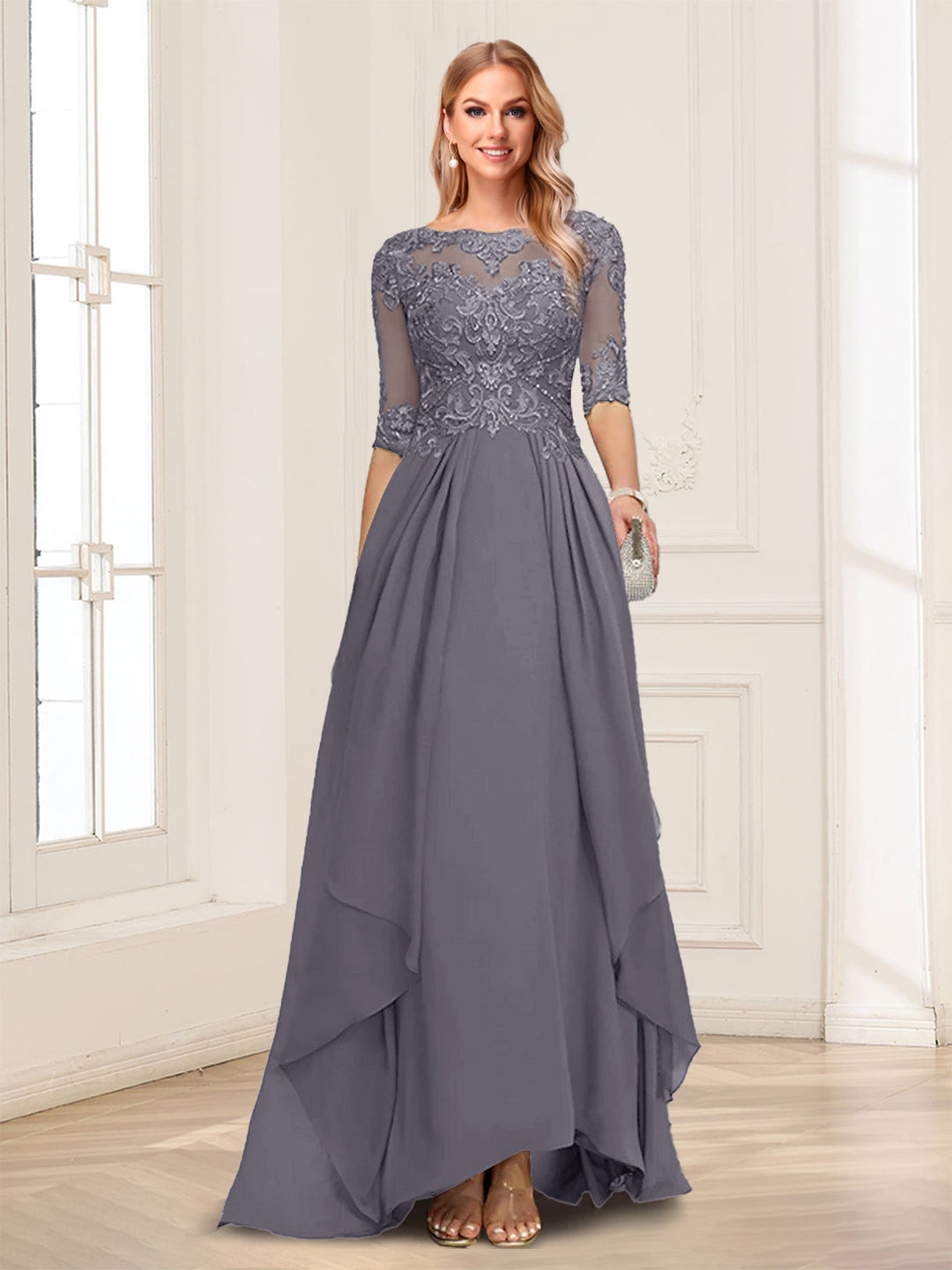 A-Line/Princess Scoop Half Sleeves Floor-Length Mother of the Bride Dresses with Lace