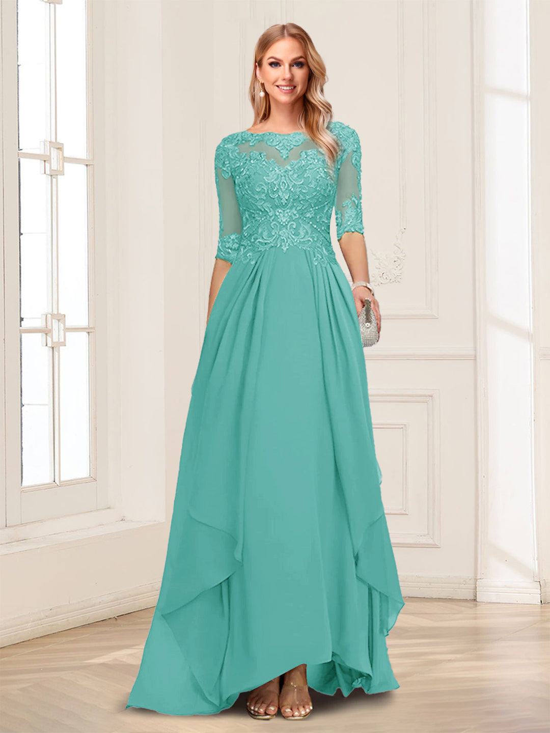 A-Line/Princess Scoop Half Sleeves Floor-Length Mother of the Bride Dresses with Lace