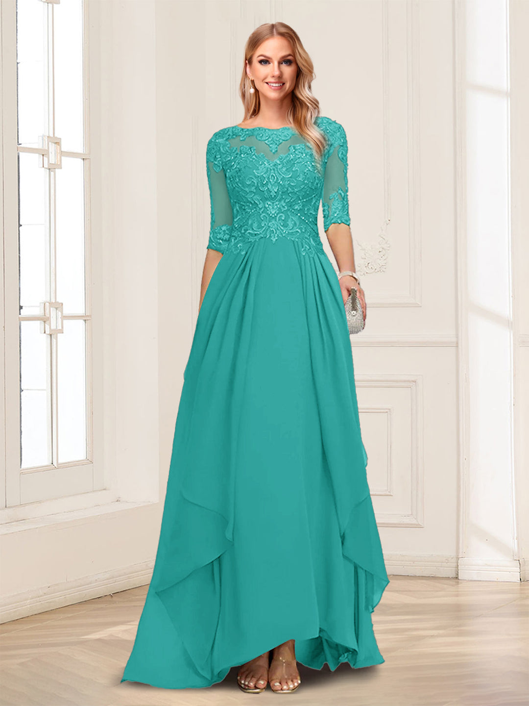 A-Line/Princess Scoop Half Sleeves Floor-Length Mother of the Bride Dresses with Lace