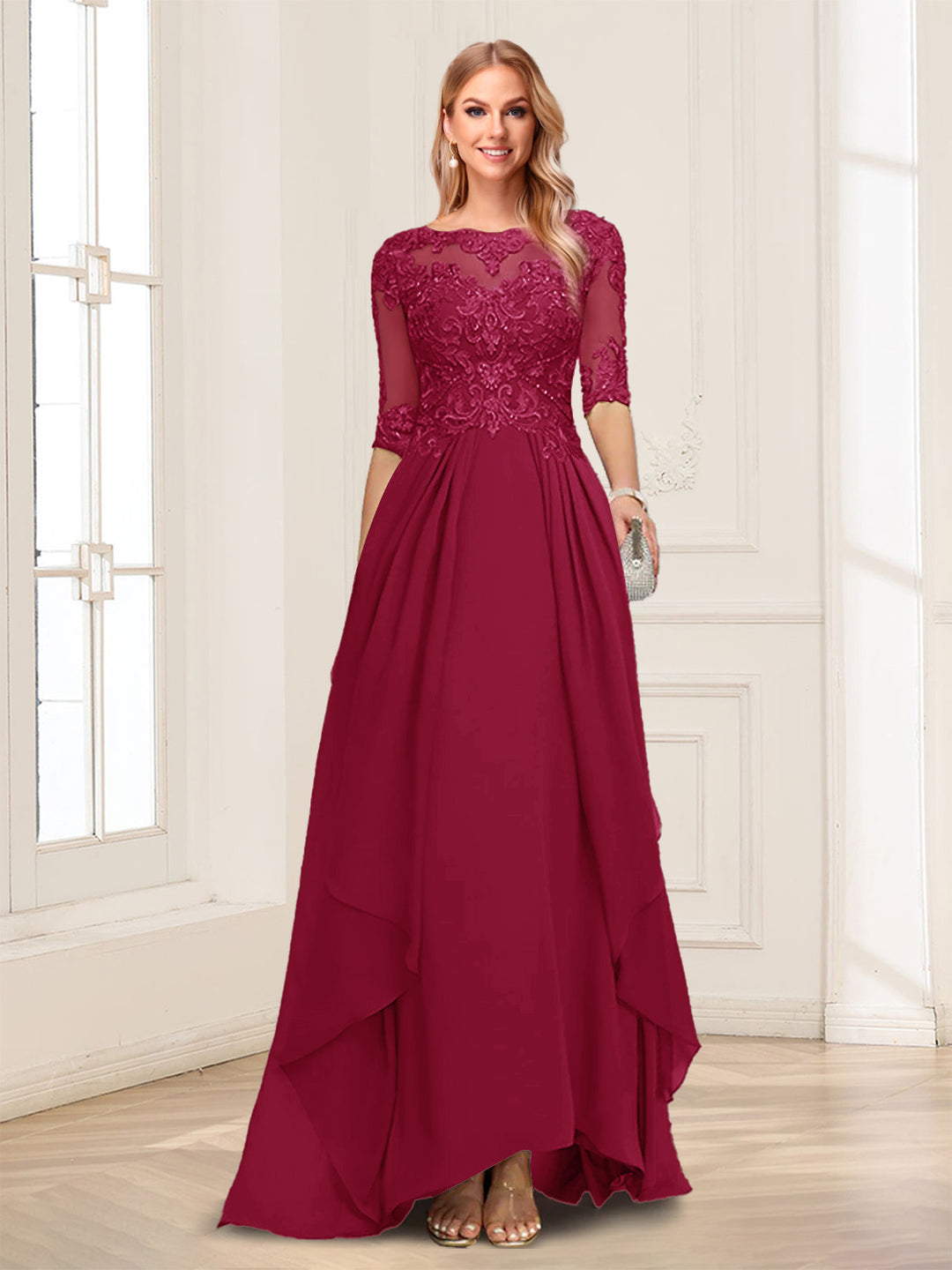 A-Line/Princess Scoop Half Sleeves Floor-Length Mother of the Bride Dresses with Lace