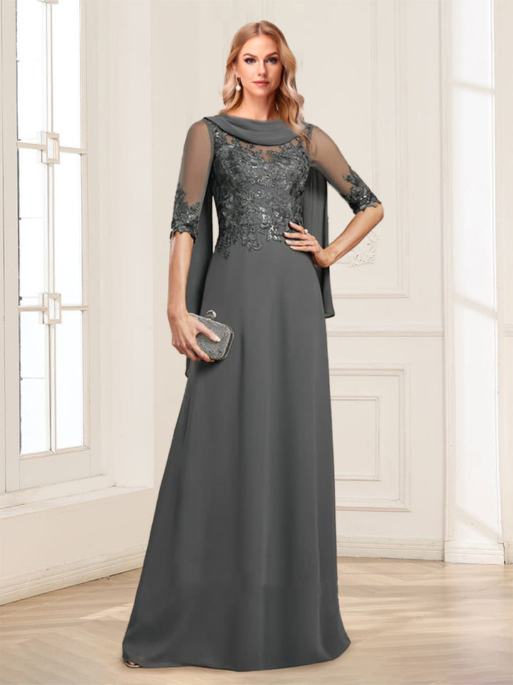 A-Line/Princess Scoop Half Sleeves Floor-Length Mother of the Bride Dresses with Lace&amp;Ruched
