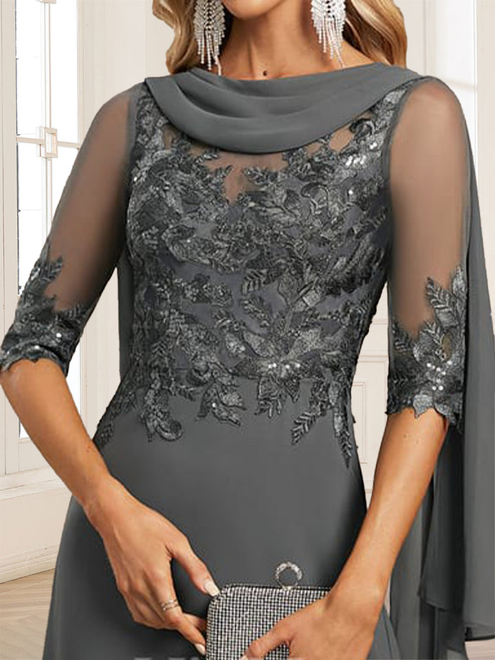 A-Line/Princess Scoop Half Sleeves Floor-Length Mother of the Bride Dresses with Lace&amp;Ruched