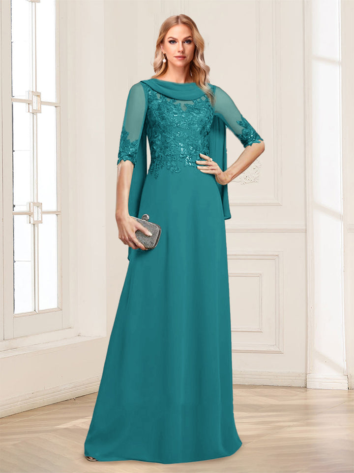 A-Line/Princess Scoop Half Sleeves Floor-Length Mother of the Bride Dresses with Lace&amp;Ruched