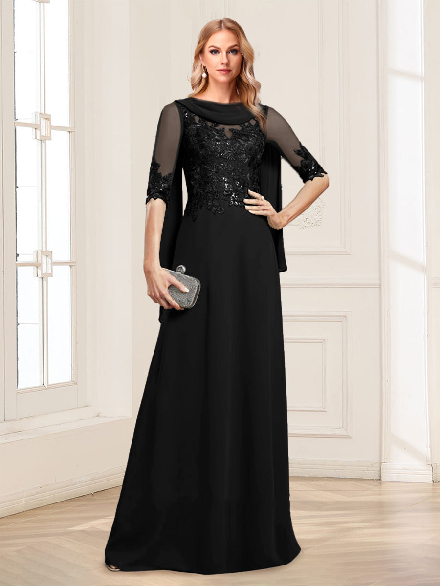 A-Line/Princess Scoop Half Sleeves Floor-Length Mother of the Bride Dresses with Lace&amp;Ruched