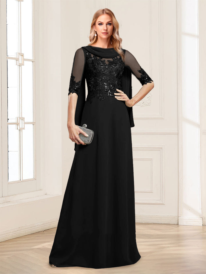 A-Line/Princess Scoop Half Sleeves Floor-Length Mother of the Bride Dresses with Lace&amp;Ruched