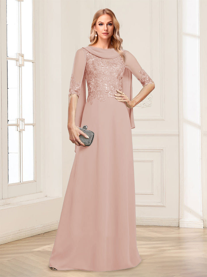 A-Line/Princess Scoop Half Sleeves Floor-Length Mother of the Bride Dresses with Lace&amp;Ruched