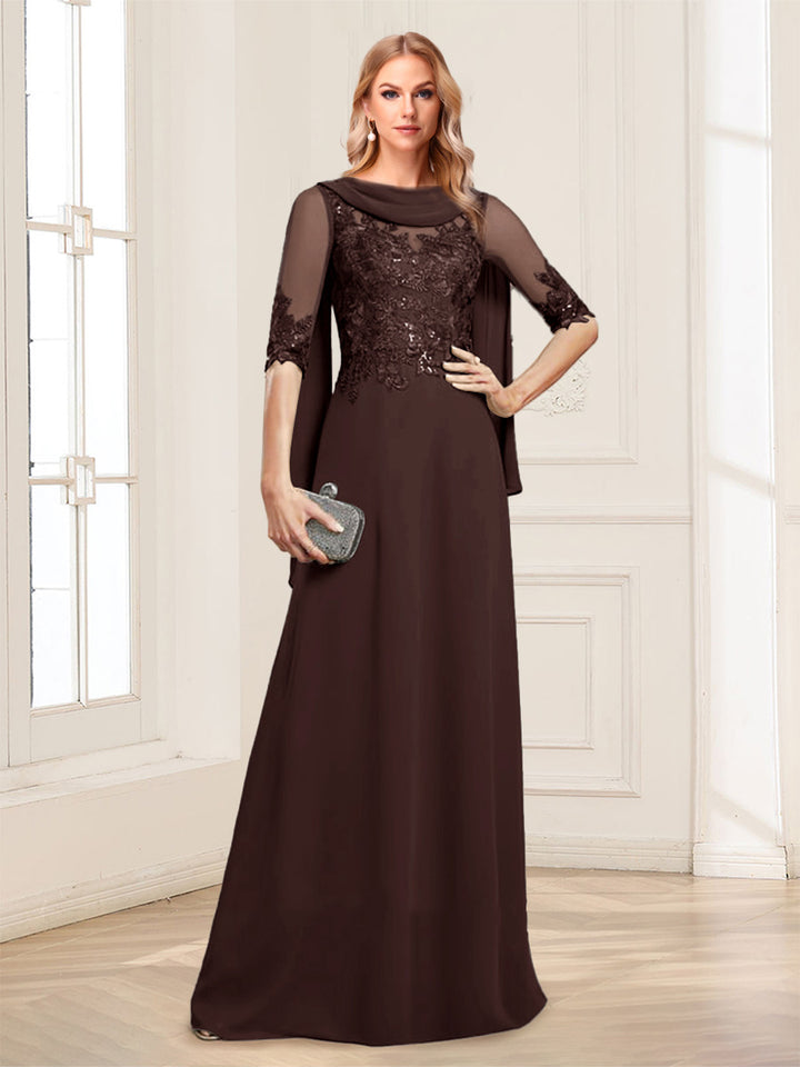 A-Line/Princess Scoop Half Sleeves Floor-Length Mother of the Bride Dresses with Lace&amp;Ruched