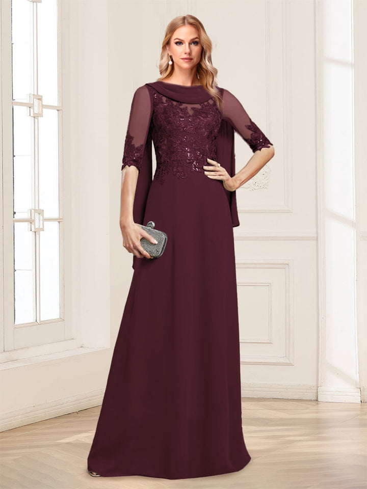 A-Line/Princess Scoop Half Sleeves Floor-Length Mother of the Bride Dresses with Lace&amp;Ruched