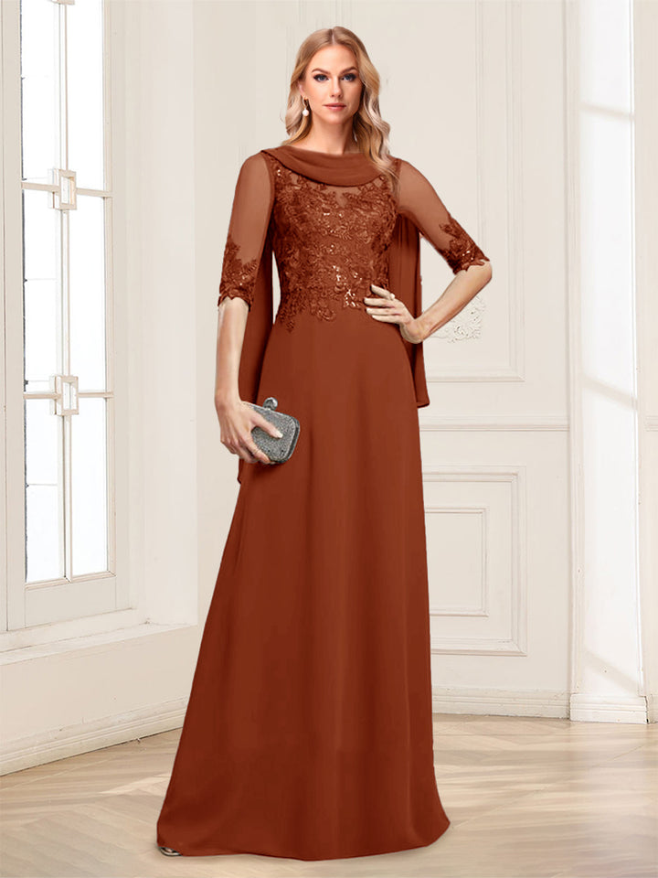 A-Line/Princess Scoop Half Sleeves Floor-Length Mother of the Bride Dresses with Lace&amp;Ruched