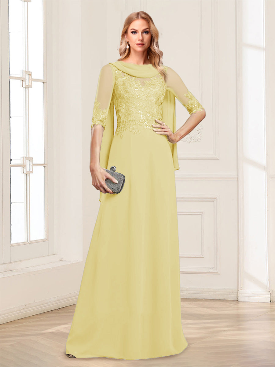 A-Line/Princess Scoop Half Sleeves Floor-Length Mother of the Bride Dresses with Lace&amp;Ruched