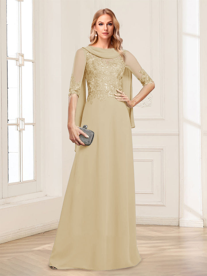 A-Line/Princess Scoop Half Sleeves Floor-Length Mother of the Bride Dresses with Lace&amp;Ruched
