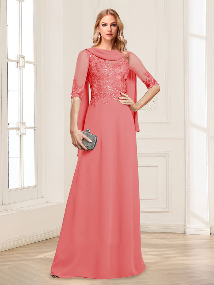 A-Line/Princess Scoop Half Sleeves Floor-Length Mother of the Bride Dresses with Lace&amp;Ruched