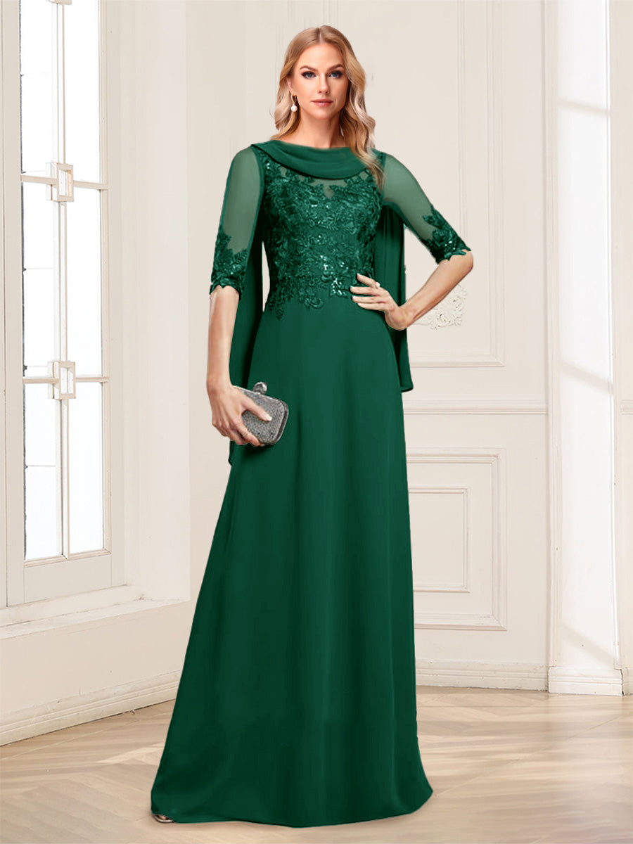 A-Line/Princess Scoop Half Sleeves Floor-Length Mother of the Bride Dresses with Lace&amp;Ruched