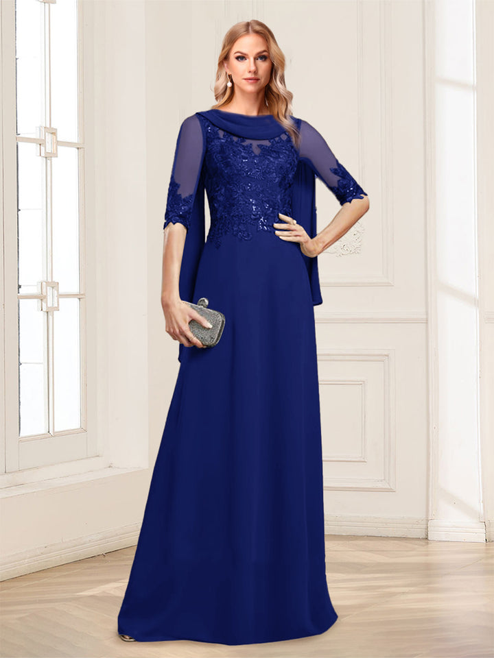 A-Line/Princess Scoop Half Sleeves Floor-Length Mother of the Bride Dresses with Lace&amp;Ruched