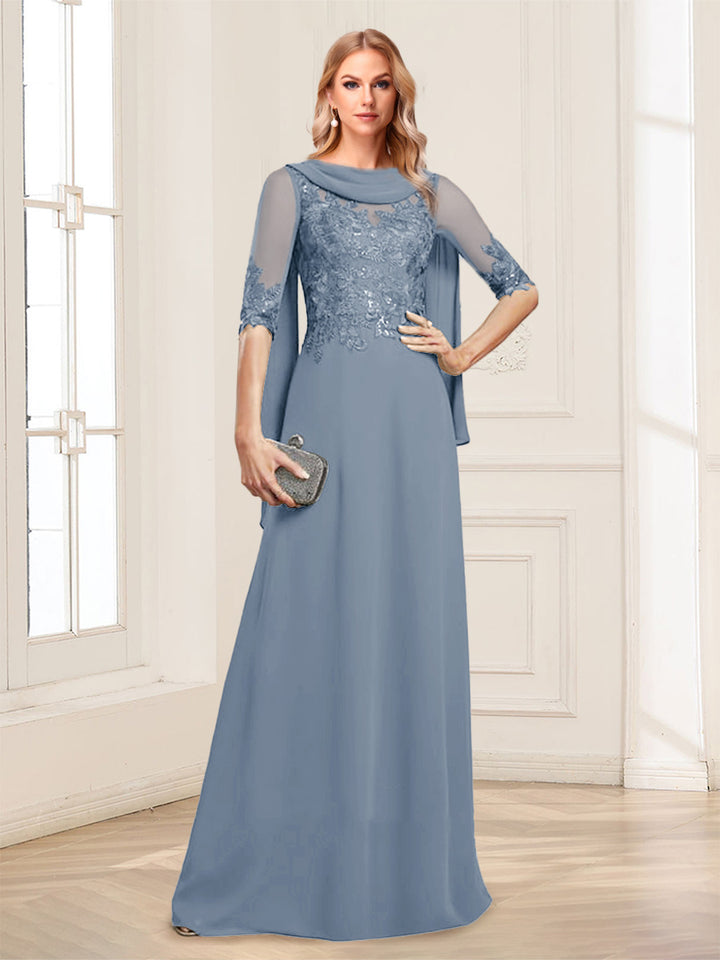 A-Line/Princess Scoop Half Sleeves Floor-Length Mother of the Bride Dresses with Lace&amp;Ruched