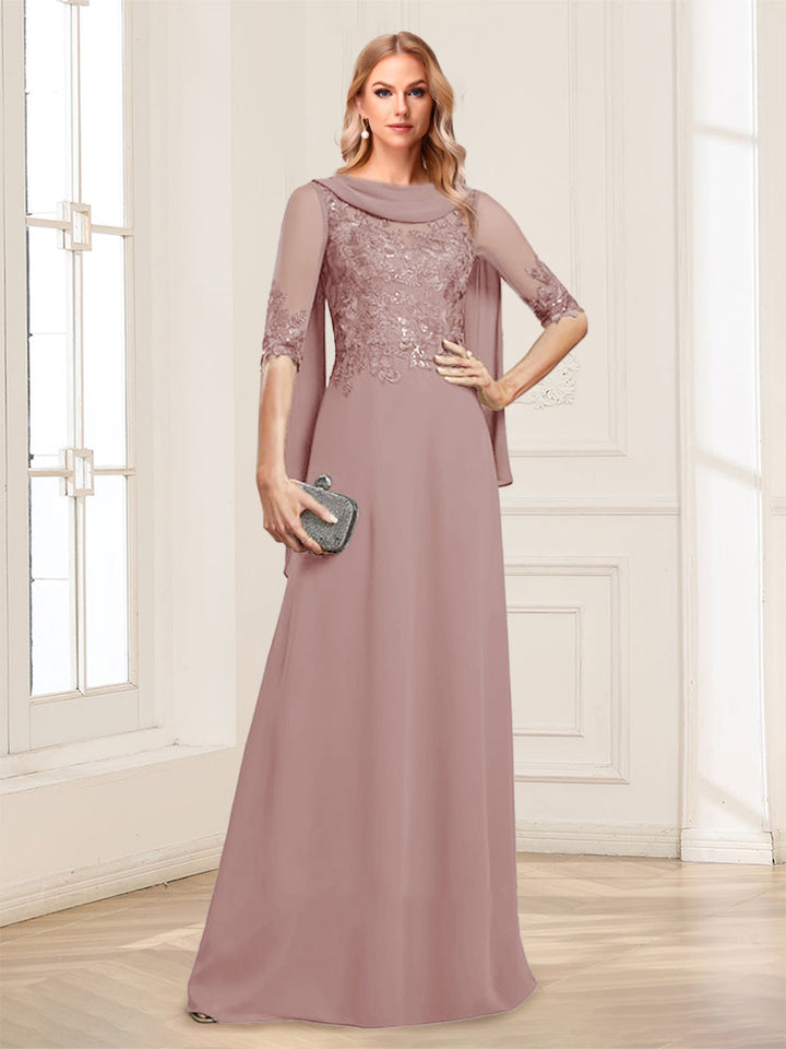 A-Line/Princess Scoop Half Sleeves Floor-Length Mother of the Bride Dresses with Lace&amp;Ruched