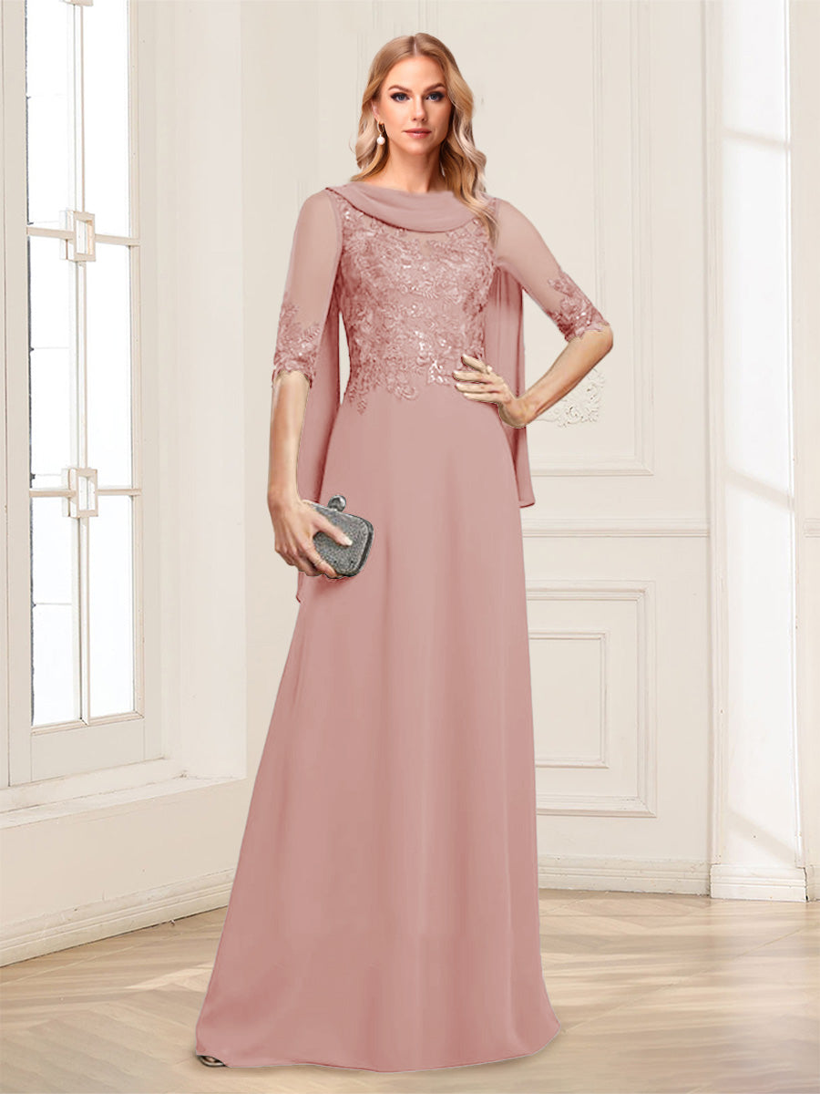 A-Line/Princess Scoop Half Sleeves Floor-Length Mother of the Bride Dresses with Lace&amp;Ruched