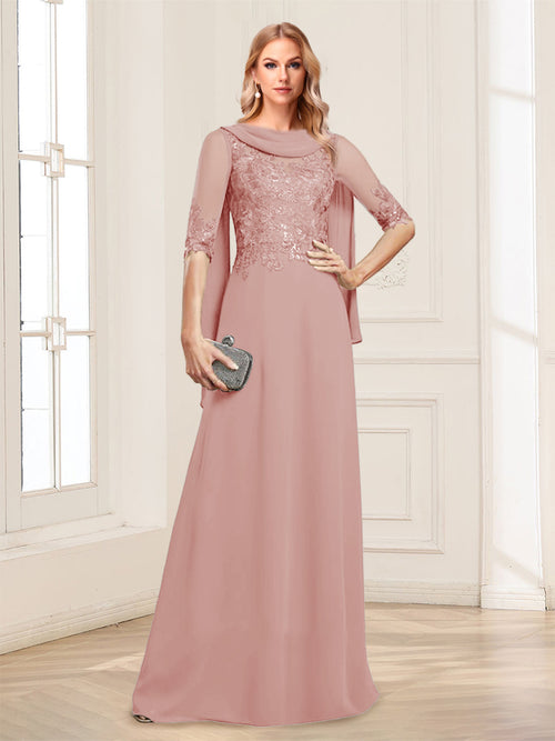 A-Line/Princess Scoop Half Sleeves Floor-Length Mother of the Bride Dresses with Lace&Ruched