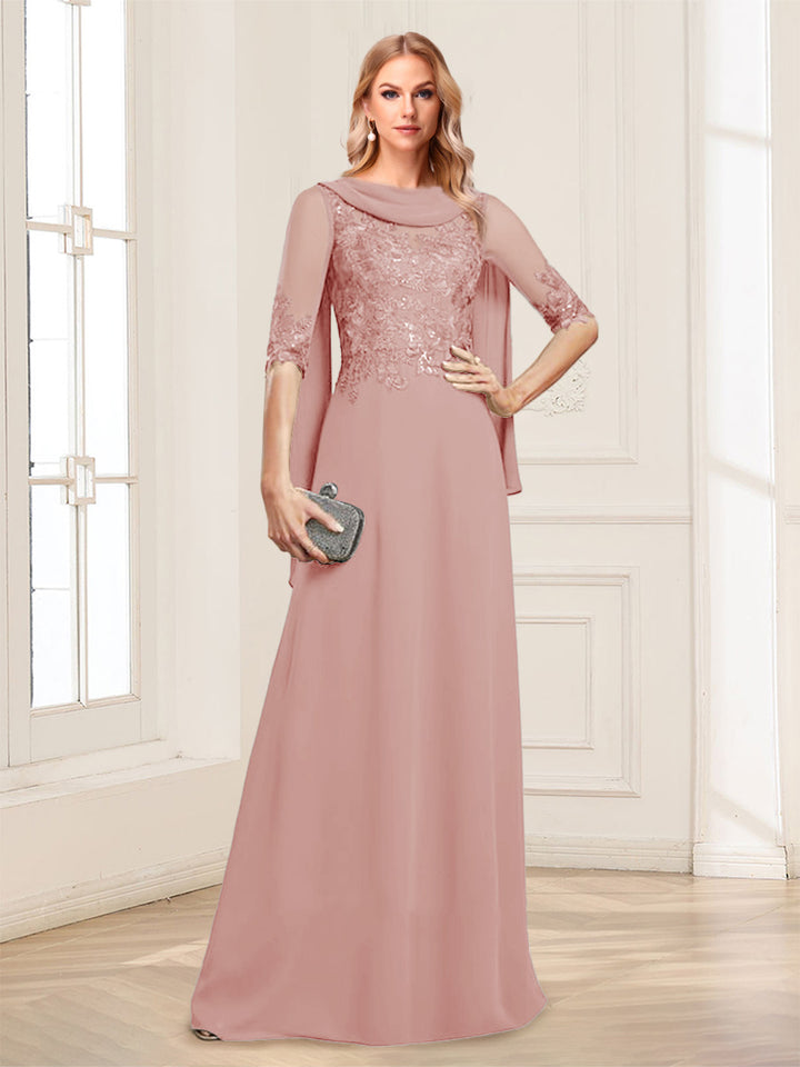 A-Line/Princess Scoop Half Sleeves Floor-Length Mother of the Bride Dresses with Lace&amp;Ruched