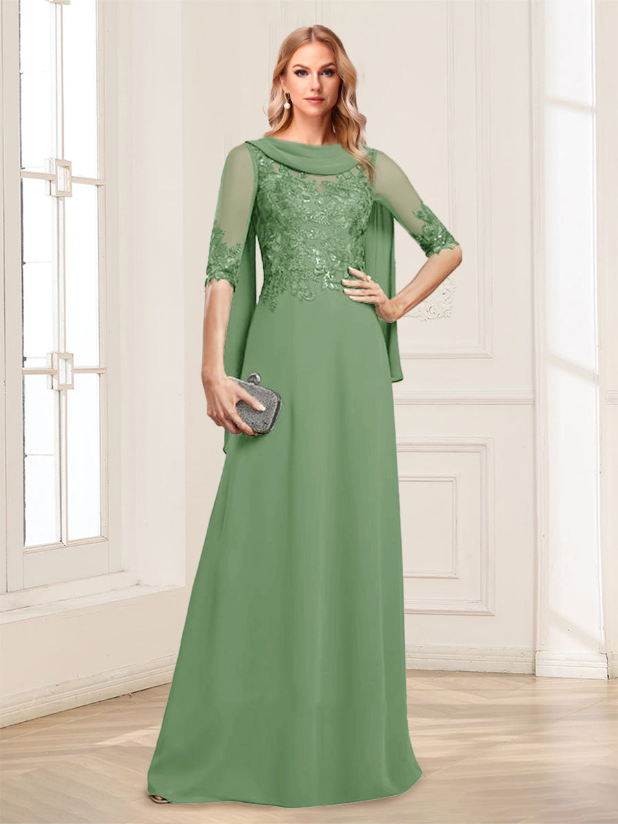 A-Line/Princess Scoop Half Sleeves Floor-Length Mother of the Bride Dresses with Lace&amp;Ruched