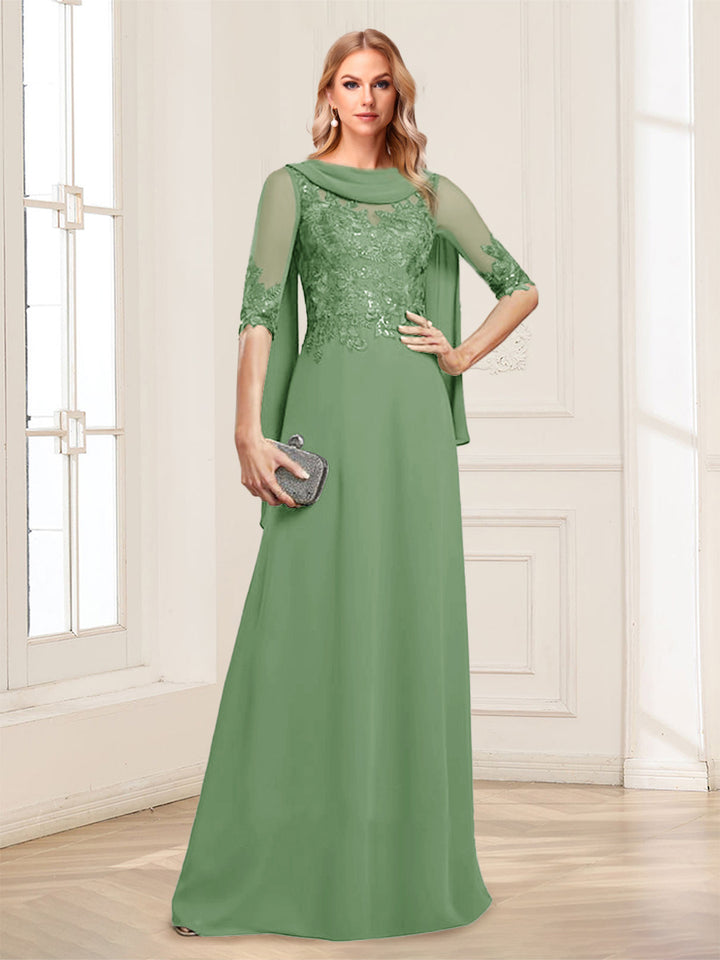 A-Line/Princess Scoop Half Sleeves Floor-Length Mother of the Bride Dresses with Lace&amp;Ruched
