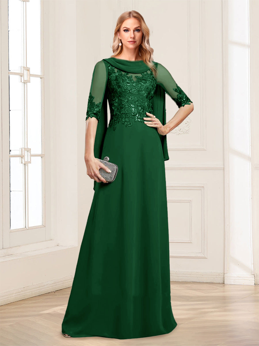 A-Line/Princess Scoop Half Sleeves Floor-Length Mother of the Bride Dresses with Lace&amp;Ruched
