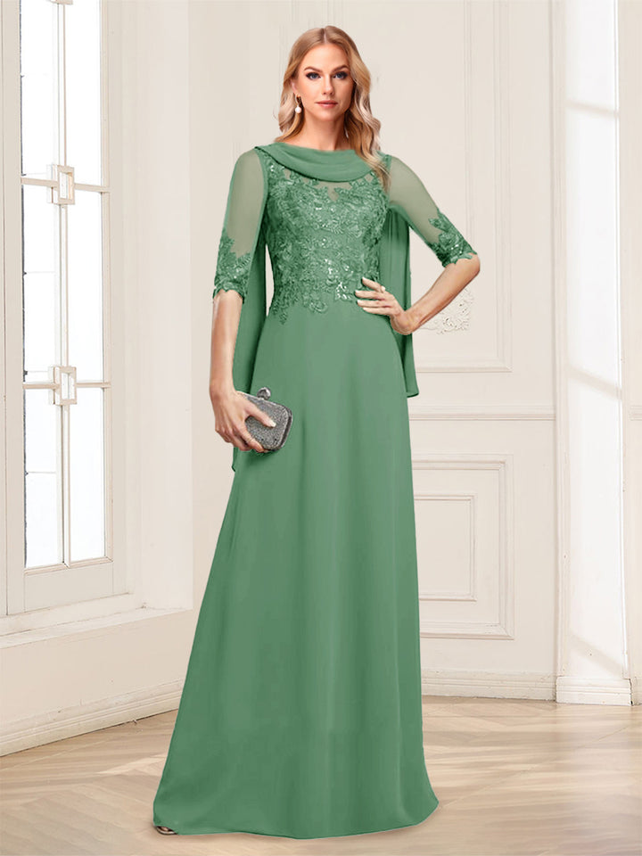 A-Line/Princess Scoop Half Sleeves Floor-Length Mother of the Bride Dresses with Lace&amp;Ruched