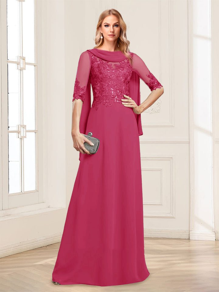 A-Line/Princess Scoop Half Sleeves Floor-Length Mother of the Bride Dresses with Lace&amp;Ruched