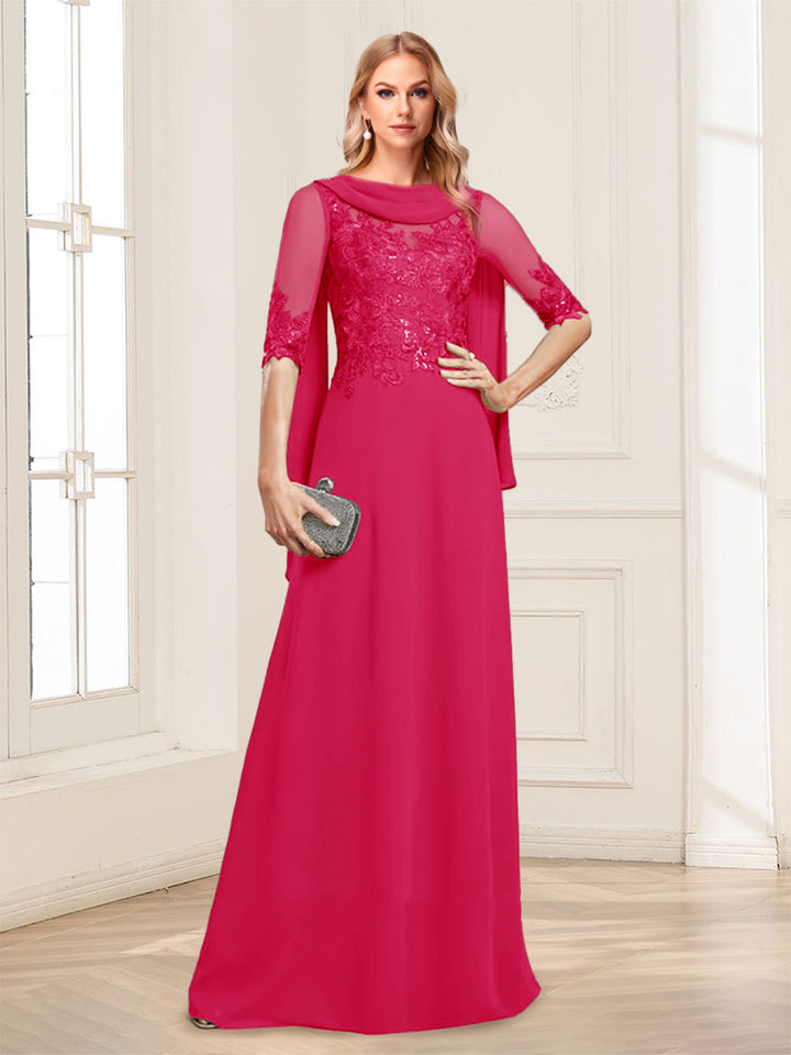 A-Line/Princess Scoop Half Sleeves Floor-Length Mother of the Bride Dresses with Lace&amp;Ruched