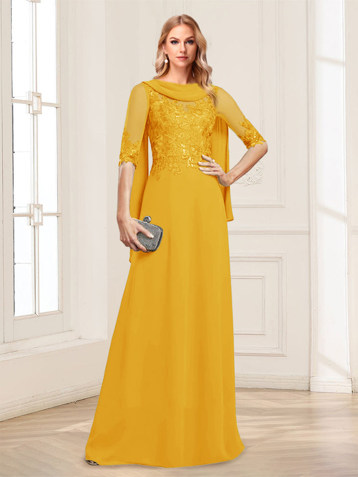 A-Line/Princess Scoop Half Sleeves Floor-Length Mother of the Bride Dresses with Lace&amp;Ruched