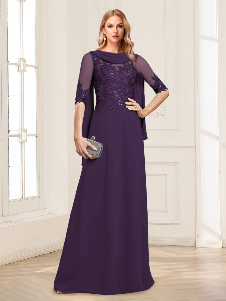 A-Line/Princess Scoop Half Sleeves Floor-Length Mother of the Bride Dresses with Lace&amp;Ruched