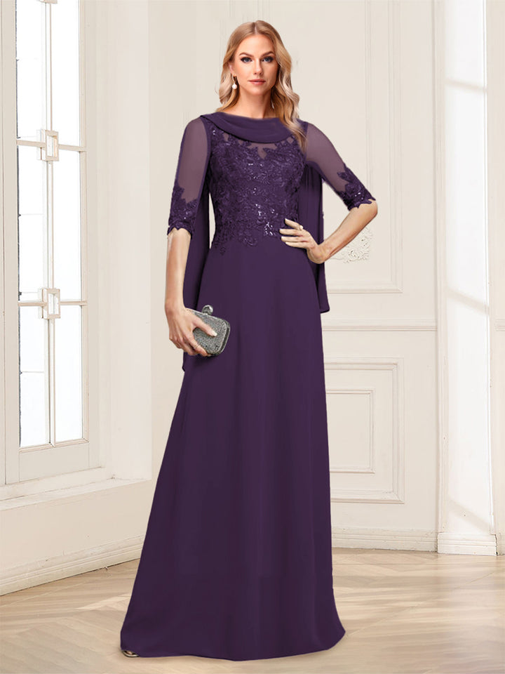 A-Line/Princess Scoop Half Sleeves Floor-Length Mother of the Bride Dresses with Lace&amp;Ruched