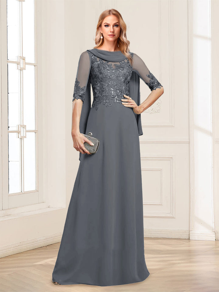 A-Line/Princess Scoop Half Sleeves Floor-Length Mother of the Bride Dresses with Lace&amp;Ruched