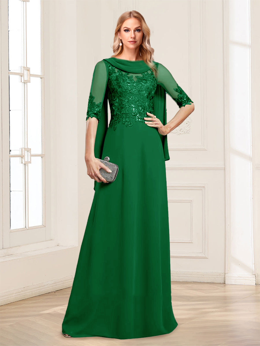 A-Line/Princess Scoop Half Sleeves Floor-Length Mother of the Bride Dresses with Lace&amp;Ruched