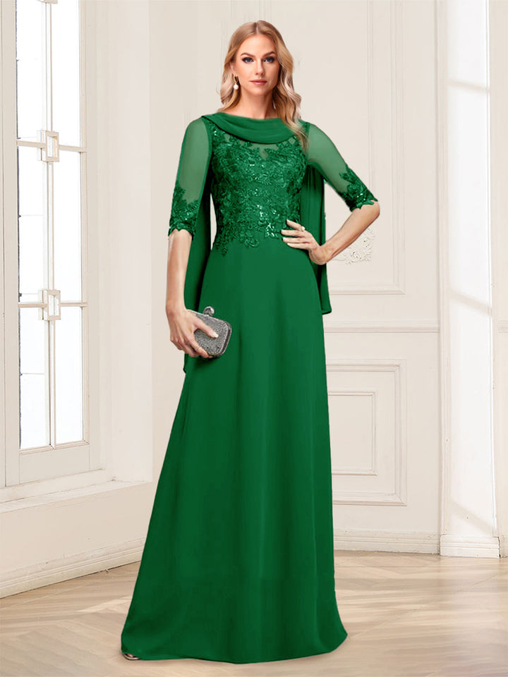 A-Line/Princess Scoop Half Sleeves Floor-Length Mother of the Bride Dresses with Lace&amp;Ruched